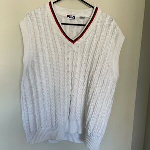 Fila White Cable Knit Sweater Vest with Red and Black Trim